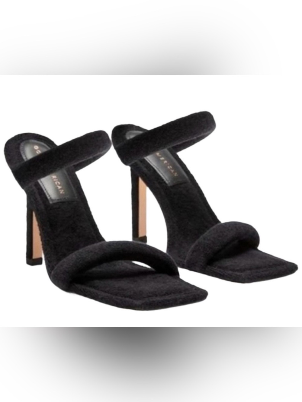 Good American Black Terry Cloth Square-Toe Mule Heels Size 6.5